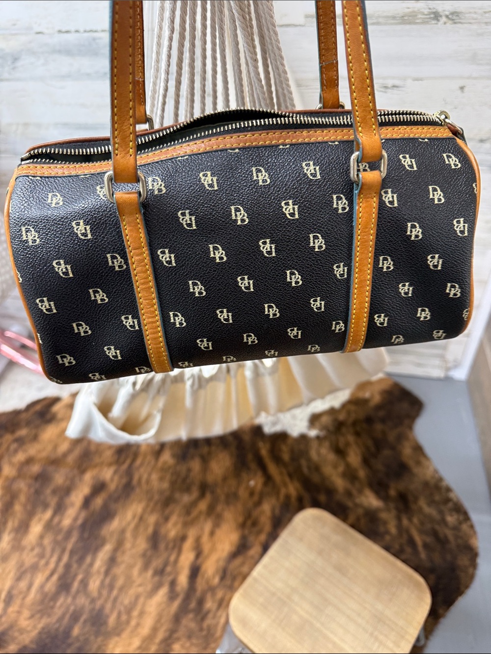 Dooney & Bourke Black Logo Barrel Bag with Tan Trim and Straps